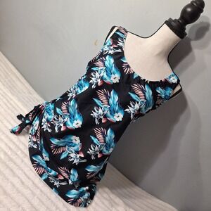Tropical Draped Stomach One Piece Swimsuit Womens 12 Modest FLATTERING